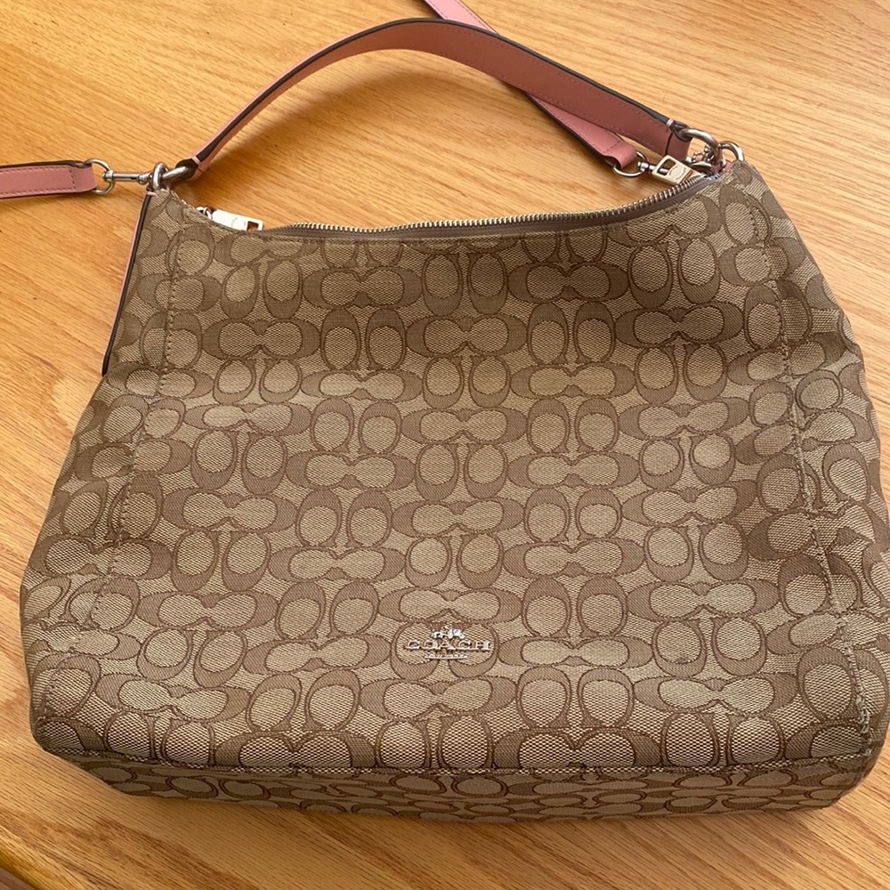 Brown Coach Bag with Blush Pink Accents, Handle, and Liners